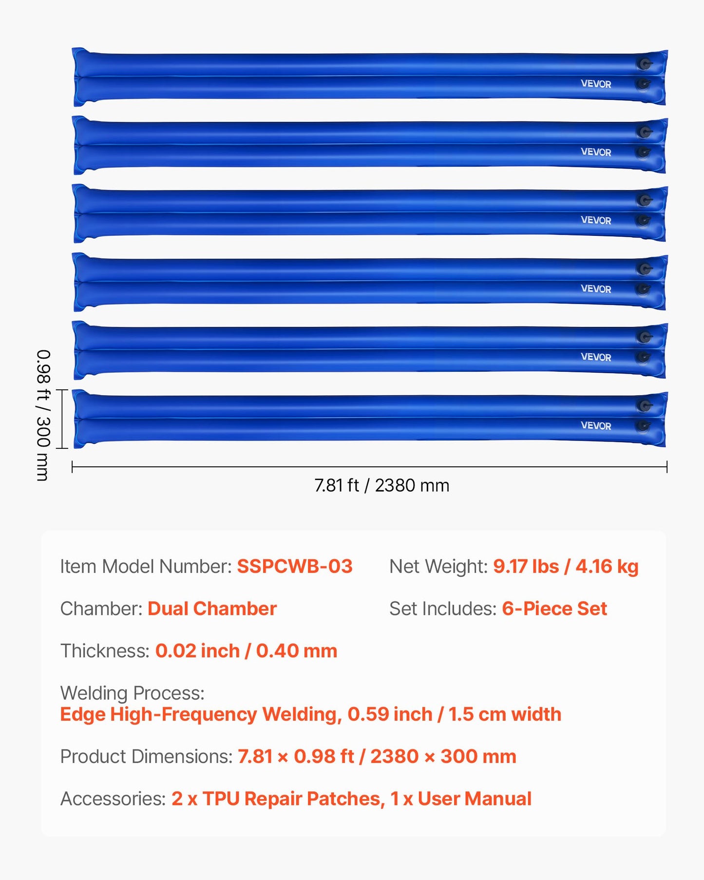 Pool Cover Water Bags, 6 Packs 8 Ft, Double Chamber Pool Cover Water Tubes, 0.4mm Thick PVC Bags Weights with Leakproof Screw Cap, for Inground Swimming-Pool Covers Winter Closing, Blue