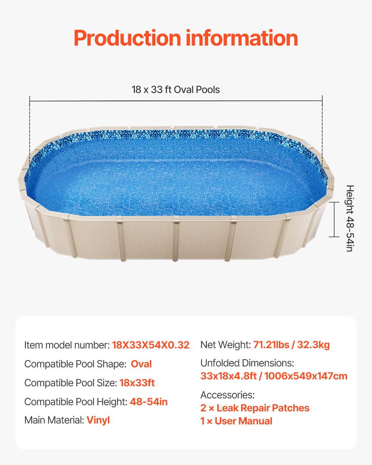 18-Foot-by-33-Foot Oval Pool Liner for Overlap Above Ground Swimming Pools, 48-to-54inch Wall Height, Durable Standard Gauge Vinyl