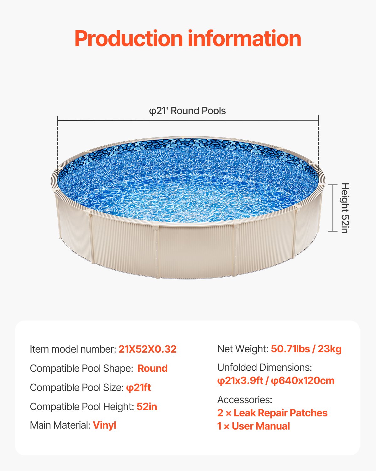 21-ft Round Above Ground Pool Liner, Unibead Pool Liners, Standard Gauge, 52inch Wall Height, Designed for Steel Sided Above-Ground Swimming Pools