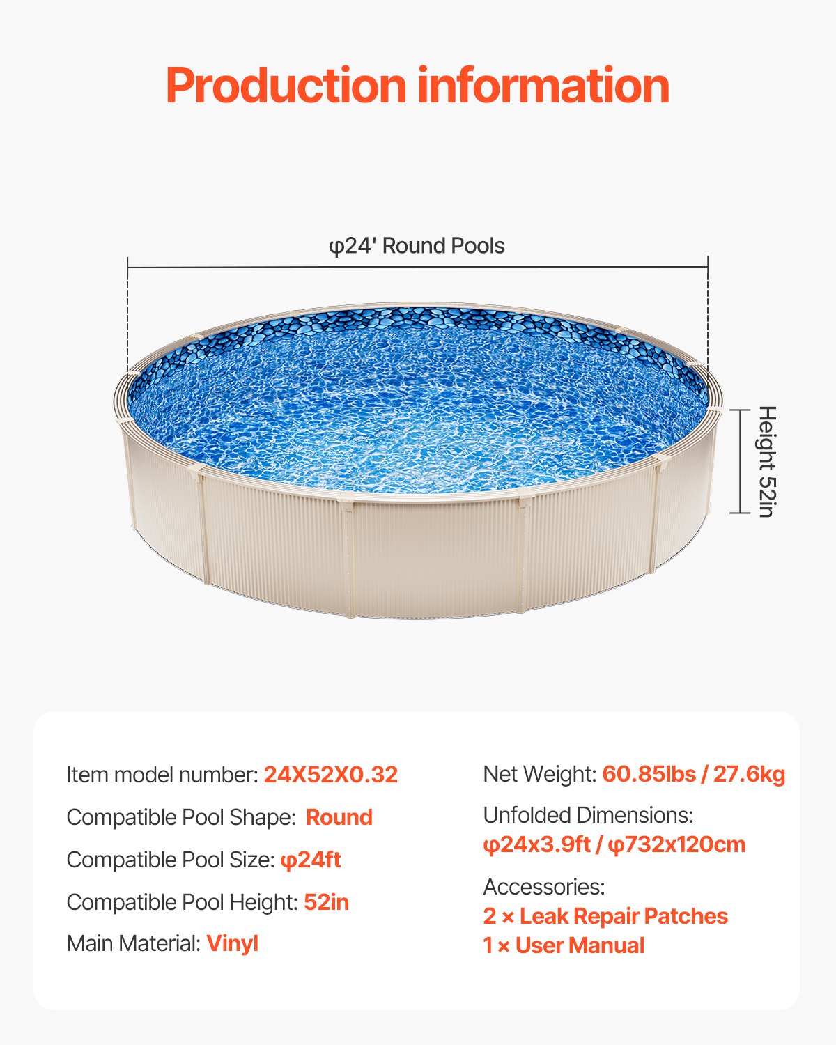 24-ft Round Above Ground Pool Liner, Unibead Pool Liners, Standard Gauge, 52inch Wall Height, Designed for Steel Sided Above-Ground Swimming Pools