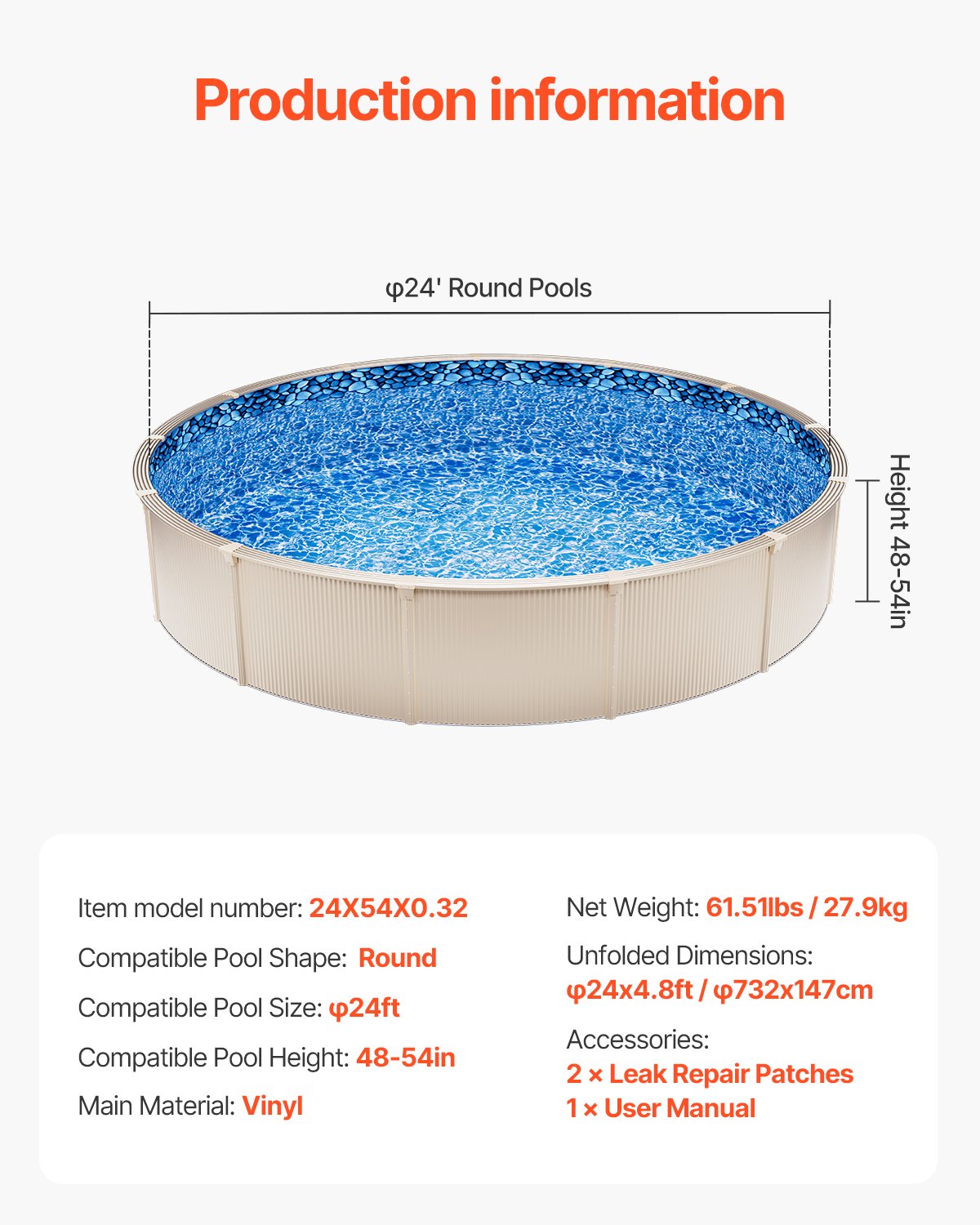 24-ft Round Above Ground Pool Liner, Overlap Pool Liners, Standard Gauge Vinyl, 48-to-54inch Wall Height, Designed for Steel Sided Above-Ground Swimming Pools