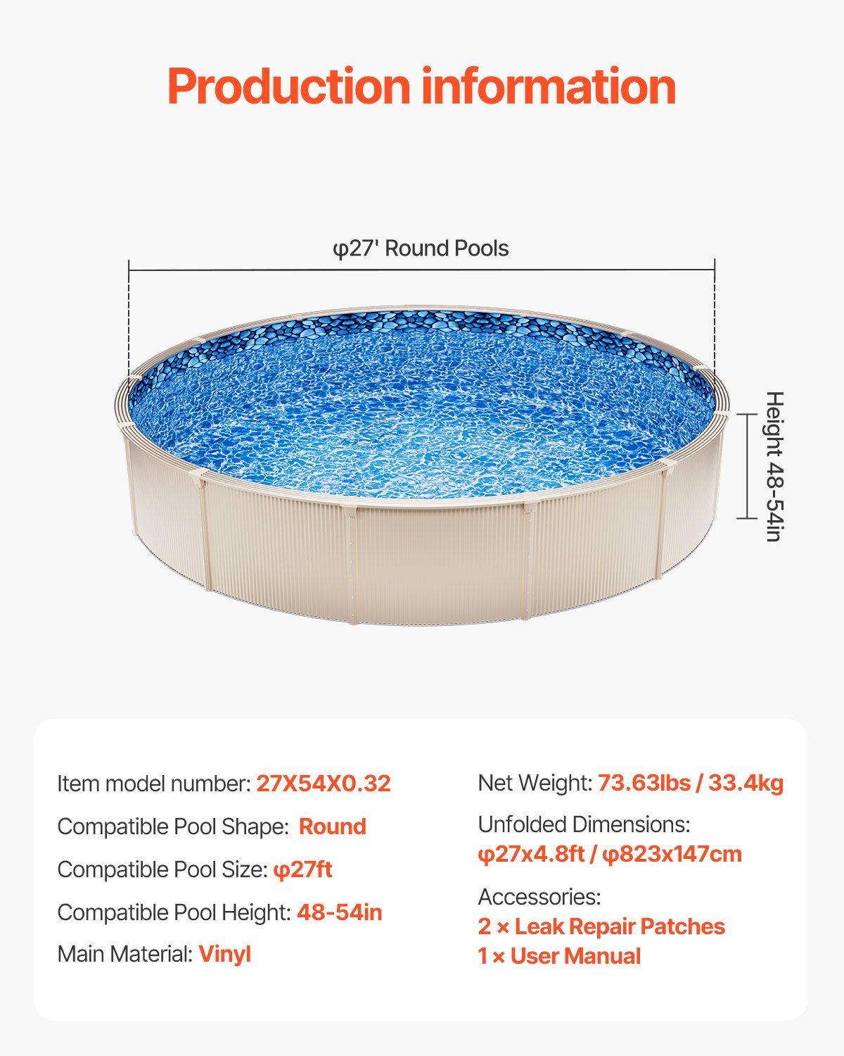 27-ft Round Above Ground Pool Liner, Overlap Pool Liners, Standard Gauge Vinyl, 48-to-54inch Wall Height, Designed for Steel Sided Above-Ground Swimming Pools