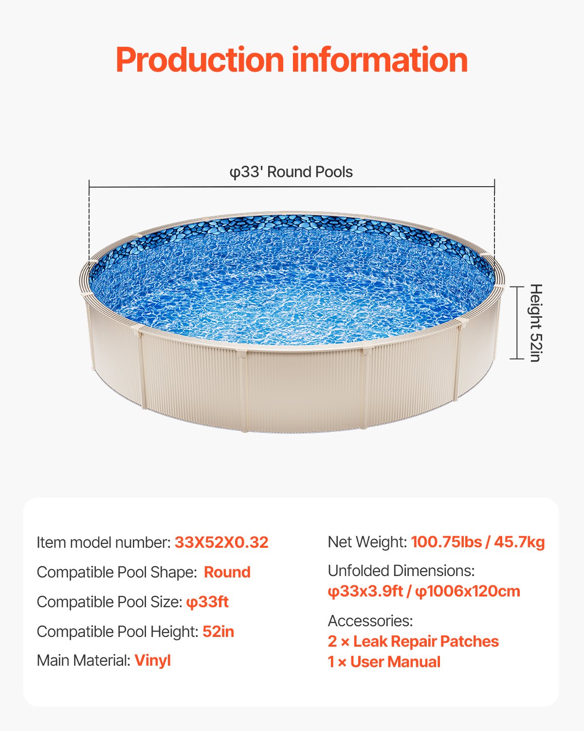 Pool Liner, 33ft Round Pool Liner, Uinbead Style, Durable Vinyl Pool Liner, Standard Gauge, 52in Wall Height, Pool Liner Replacement for Steel Sided Above-Ground Swimming Pools