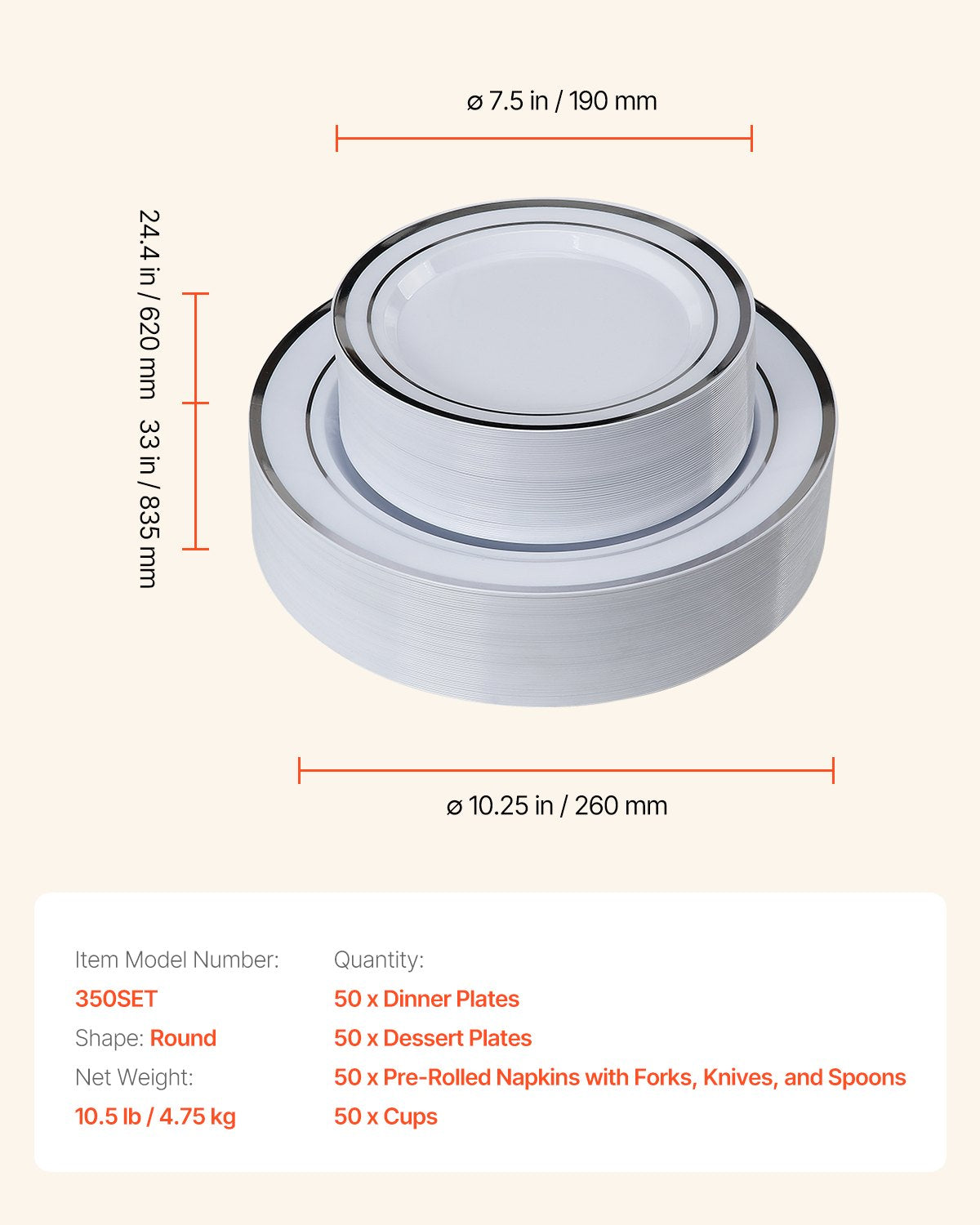 Plastic Disposable Plates, 350 Pcs Plastic Dinnerware Set, Include 50 Dinner Plates, 50 Dessert Plates, 50 Pre-Rolled Napkins, 50 Forks, 50 Knives, 50 Spoons, and 50 Cups, for Party and Wedding