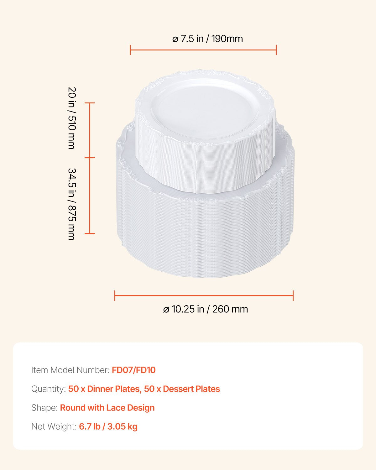 Plastic Disposable Plates, 100 Pcs White Plastic Plates, Heavy Duty Plastic Plates with 50 Pcs 9.8 Inch Plastic Dinner Plates and 50 Pcs 7.5 Inch Plastic Dessert Plates, for Wedding and Party