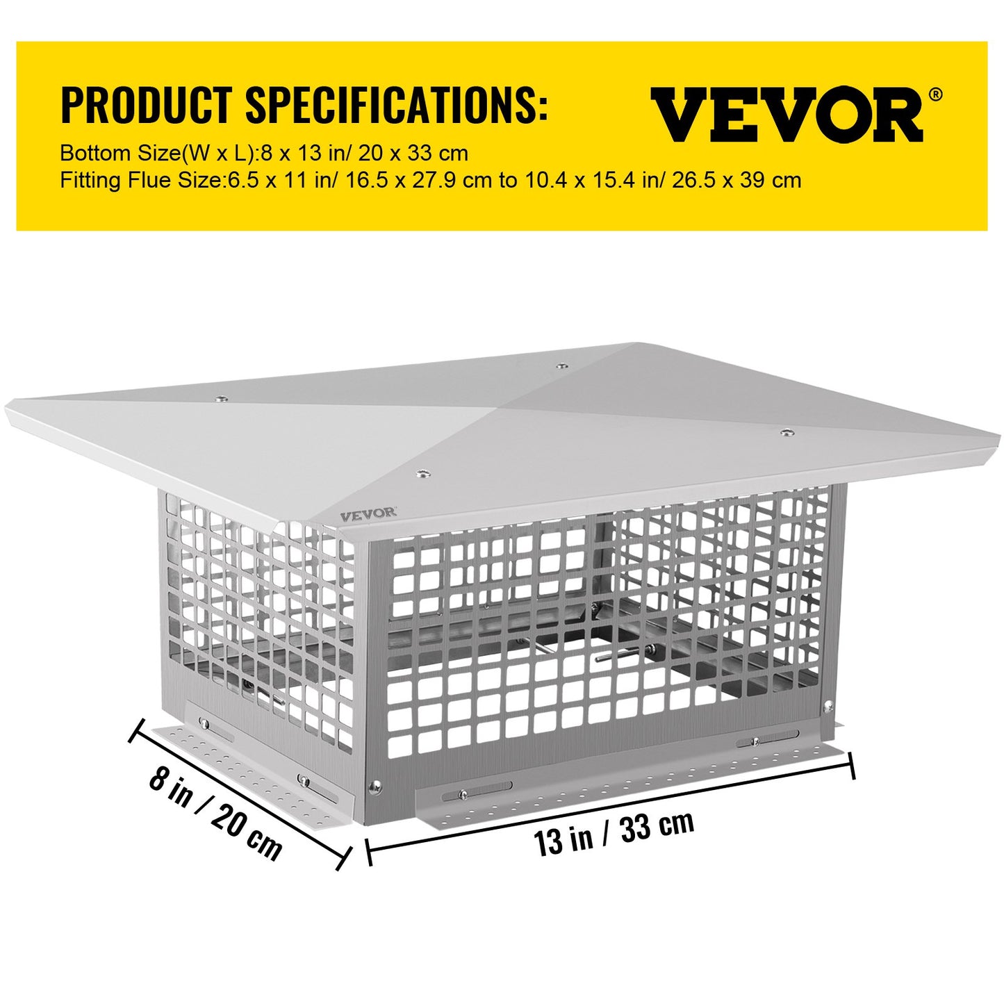 Chimney Cap, 8\" x 13\" Flue Caps, 304 Stainless Steel Fireplace Chimney Cover, Adjustable Metal Spark Arrestor with Bolts Screws, Mesh Chimney Flue Cover for Outside Existing Clay Flue Tile