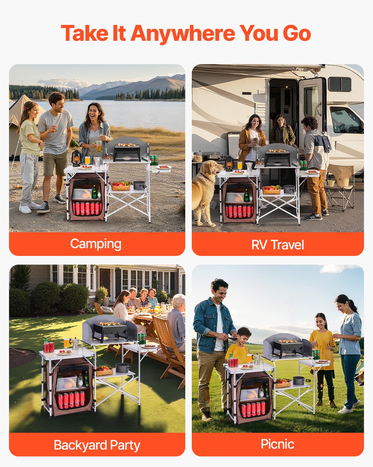Outdoor 2-Tier Kitchen with Zippered Bag, Portable Folding Cook Table for BBQ, Party and Camping, Brown