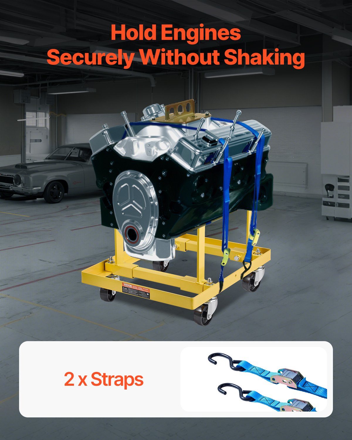 Engine Stand, 750 LBS Load Capacity Engine Motor Stand with Adjustable Width & Length, Heavy-Duty Steel Motor Holder with 4 Swivel Casters and 2 Ratchet Straps, Suitable for Most Engines