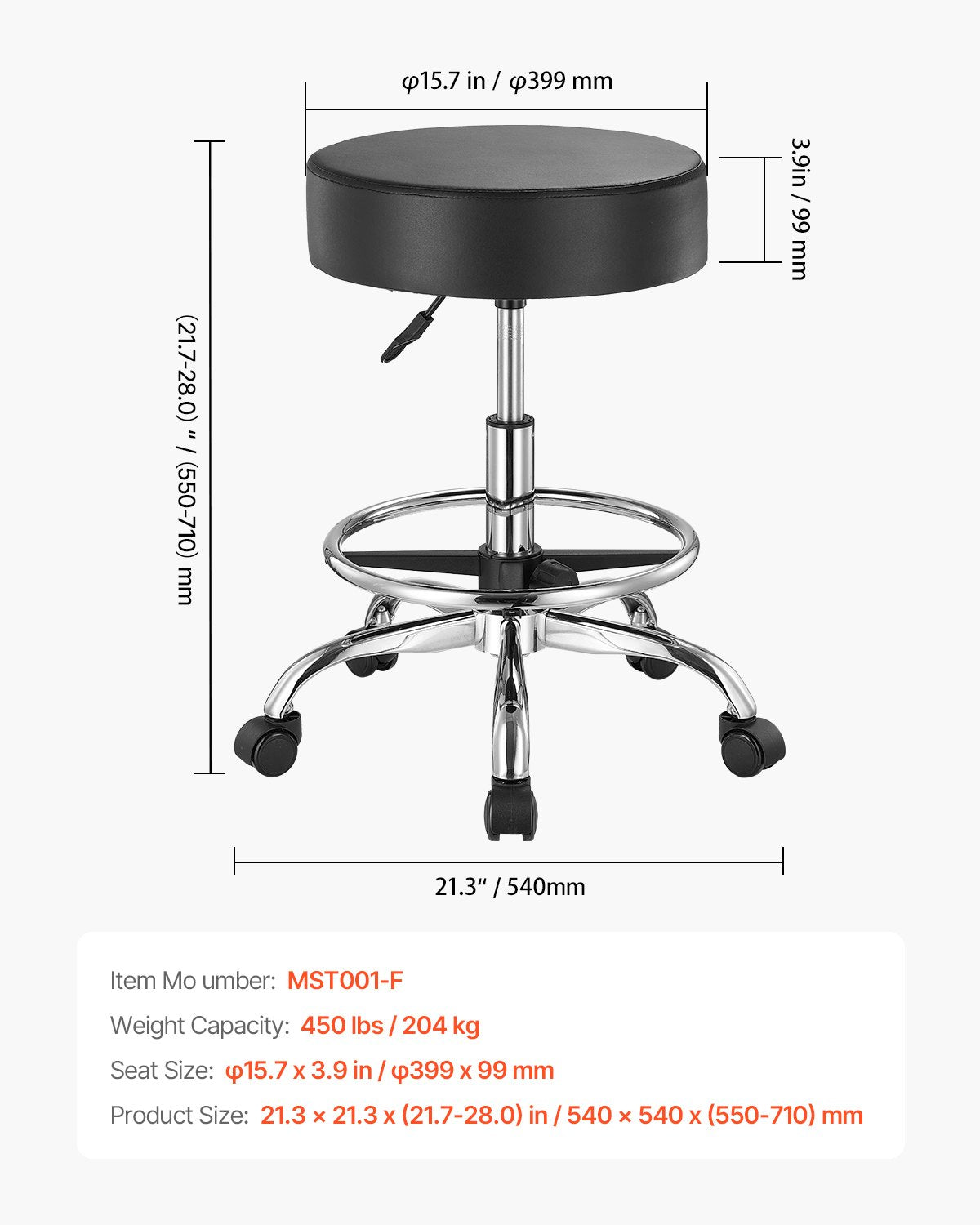 Rolling Stool with Foot Rest and Wheels, 450 LBS Weight Capacity Round Rolling Stool Chair, Height Adjustable Thickened PU Leather Swivel Stool for Salon, Spa, Massage, Tattoo, Clinic, Black