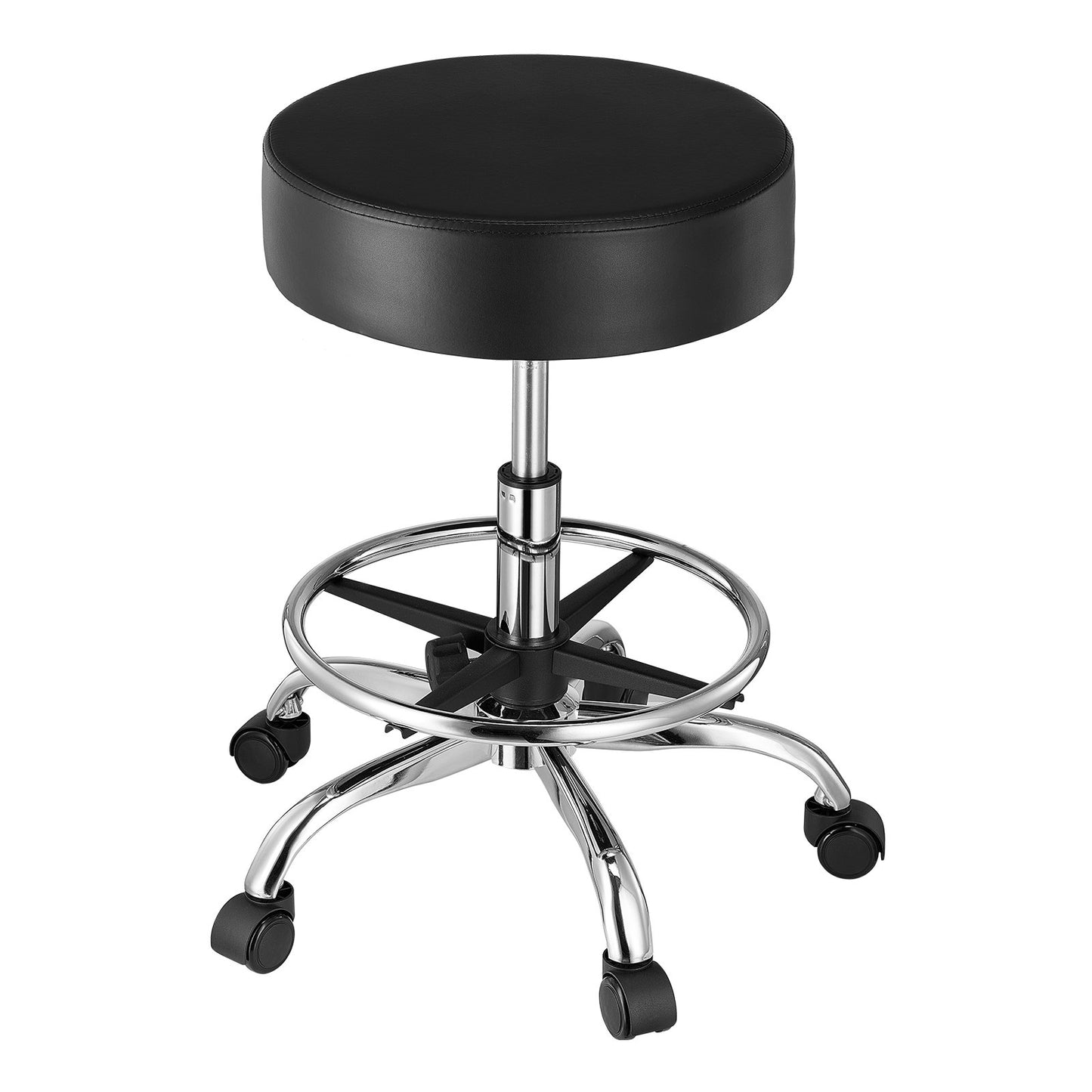 Rolling Stool with Foot Rest and Wheels, 450 LBS Weight Capacity Round Rolling Stool Chair, Height Adjustable Thickened PU Leather Swivel Stool for Salon, Spa, Massage, Tattoo, Clinic, Black