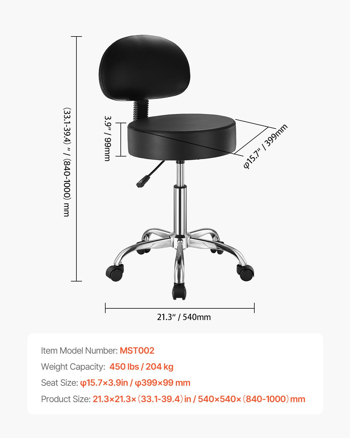 Rolling Stool with Back Support and Wheels, 450 LBS Weight Capacity Round Rolling Stool Chair, Height Adjustable Thickened PU Leather Swivel Stool for Salon, Spa, Massage, Tattoo, Clinic, Black