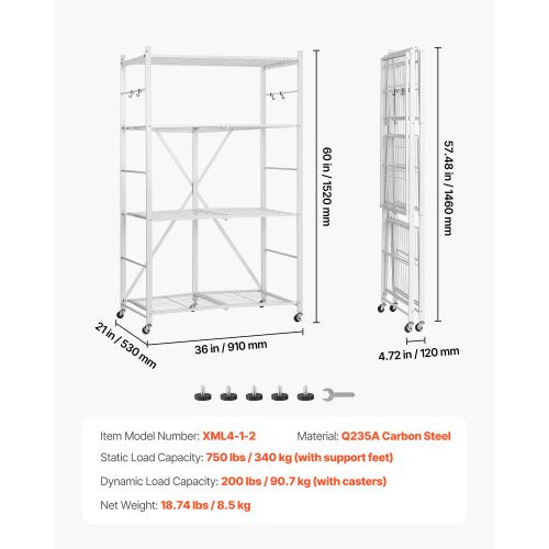 Foldable storage shelf with wheels 4 tiers, no assembly, white