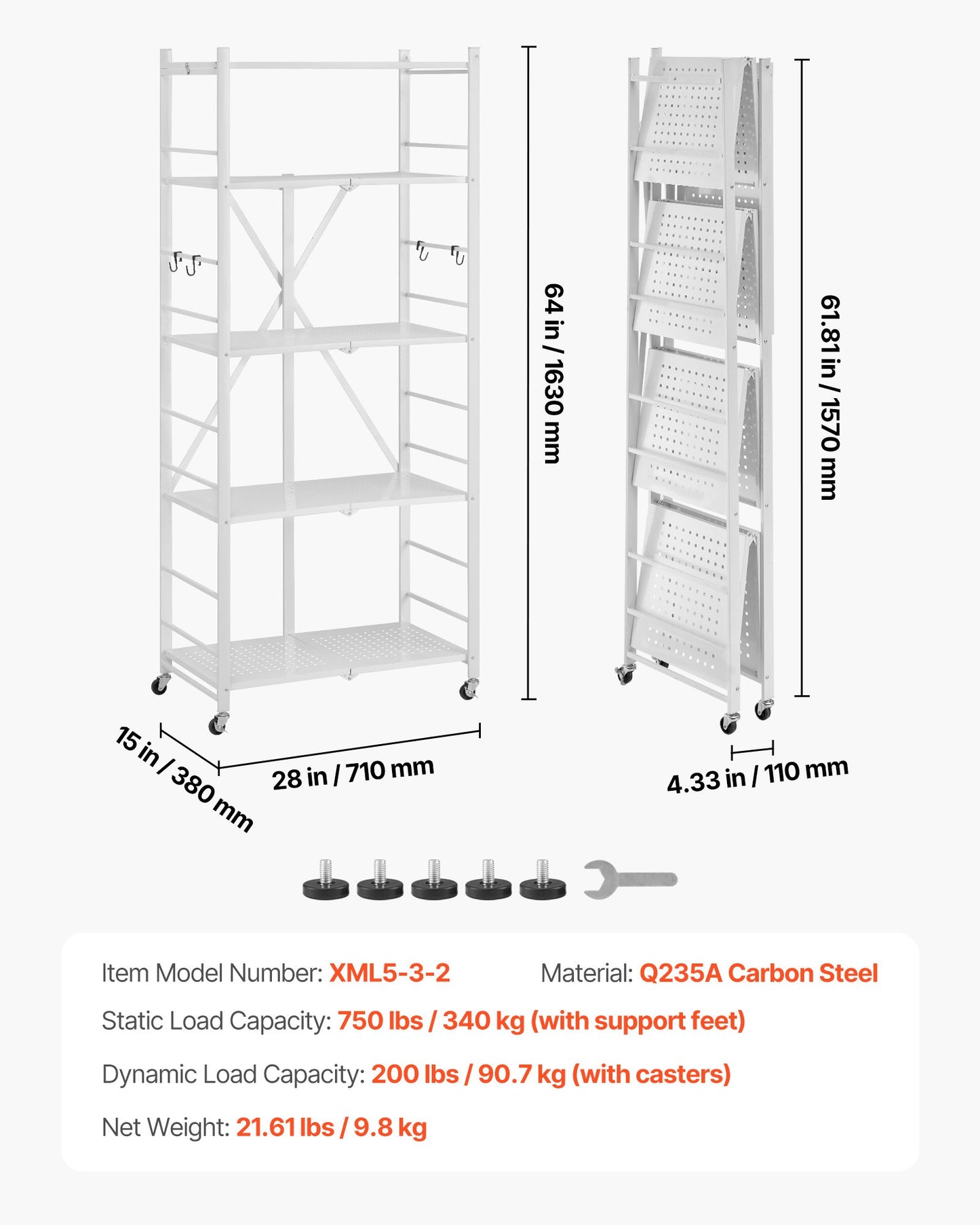 5-Tier Foldable Storage Shelf, 28 W x 15D x 64H Inch Folding Metal Rack Shelving Unit, No Assembly Organizer Shelf with 5 Wheels & 4 Hooks for Pantry, Kitchen, Garage, Basement, White
