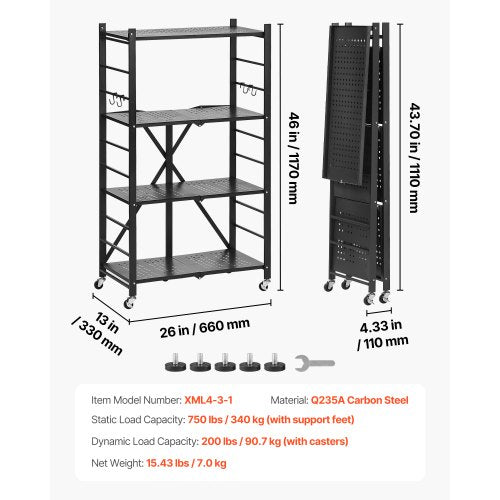4-Tier Foldable Storage Shelf with Wheels 26 x 13 x 46 Inch Metal Shelf