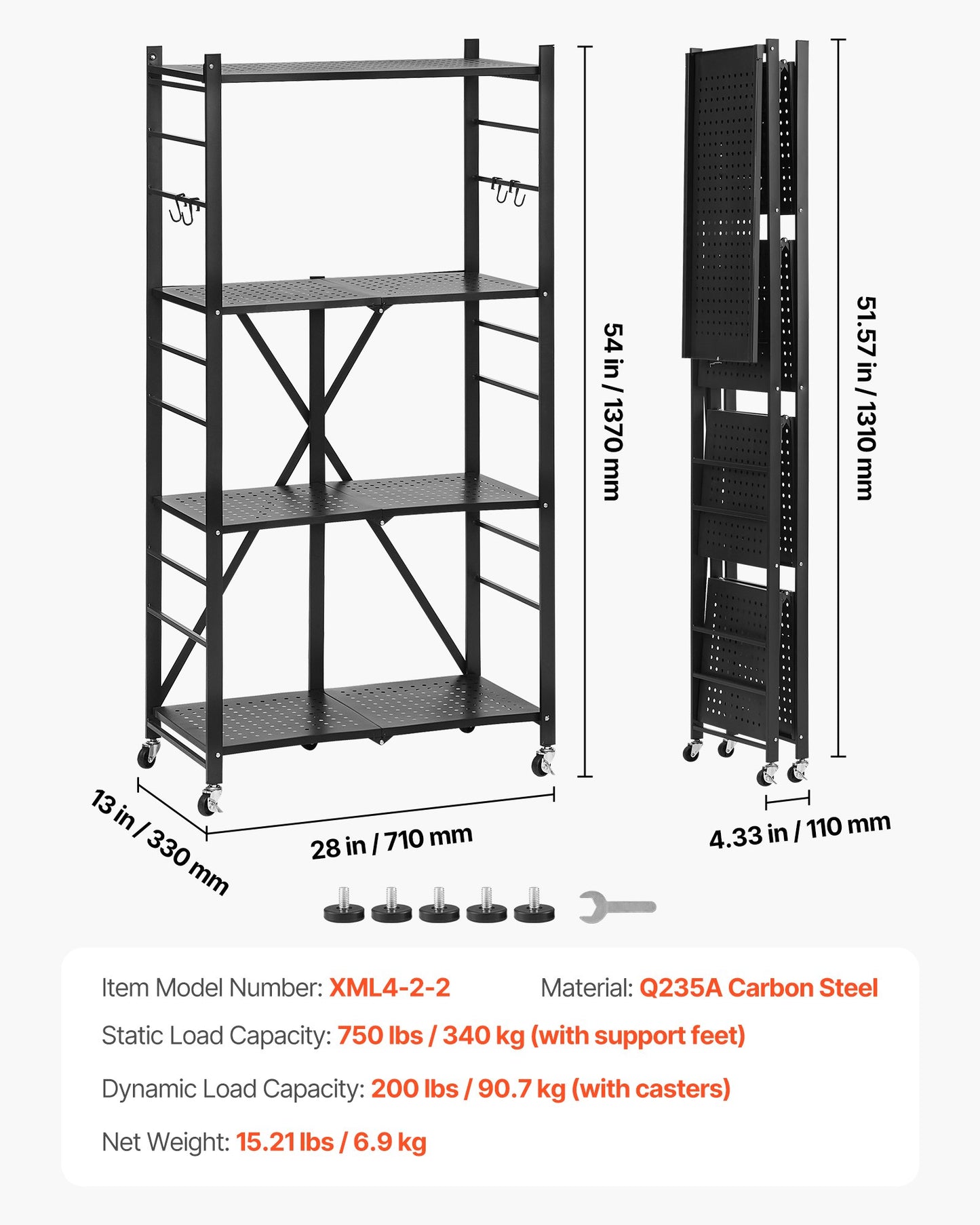 4-Tier Foldable Storage Shelf, 28W x 13D x 54H Inch Folding Metal Rack Shelving Unit, No Assembly Organizer Shelf with 5 Wheels & 4 Hooks for Pantry, Kitchen, Garage, Basement, Black