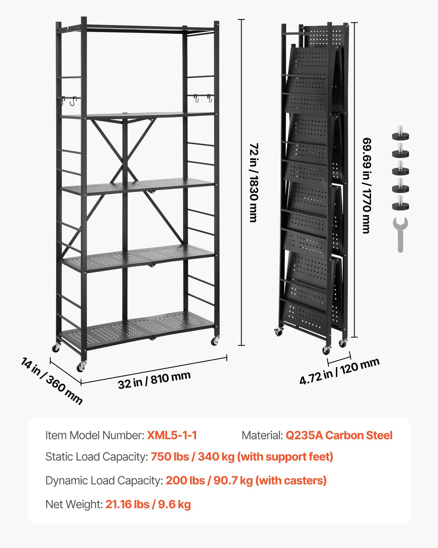 5-Tier Foldable Storage Shelf, 32W x 14D x 72H Inch Folding Metal Rack Shelving Unit, No Assembly Organizer Shelf with 5 Wheels & 4 Hooks for Pantry, Kitchen, Garage, Basement, Black