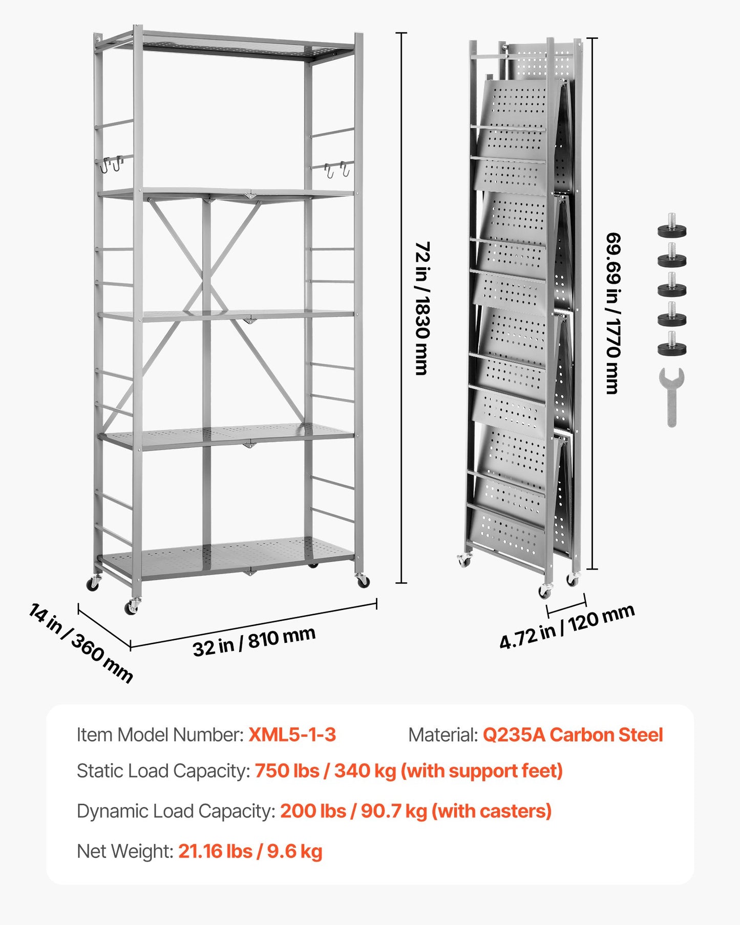 5-Tier Foldable Storage Shelf, 32W x 14D x 72H Inch Folding Metal Rack Shelving Unit, No Assembly Organizer Shelf with 5 Wheels & 4 Hooks for Pantry, Kitchen, Garage, Basement, Grey