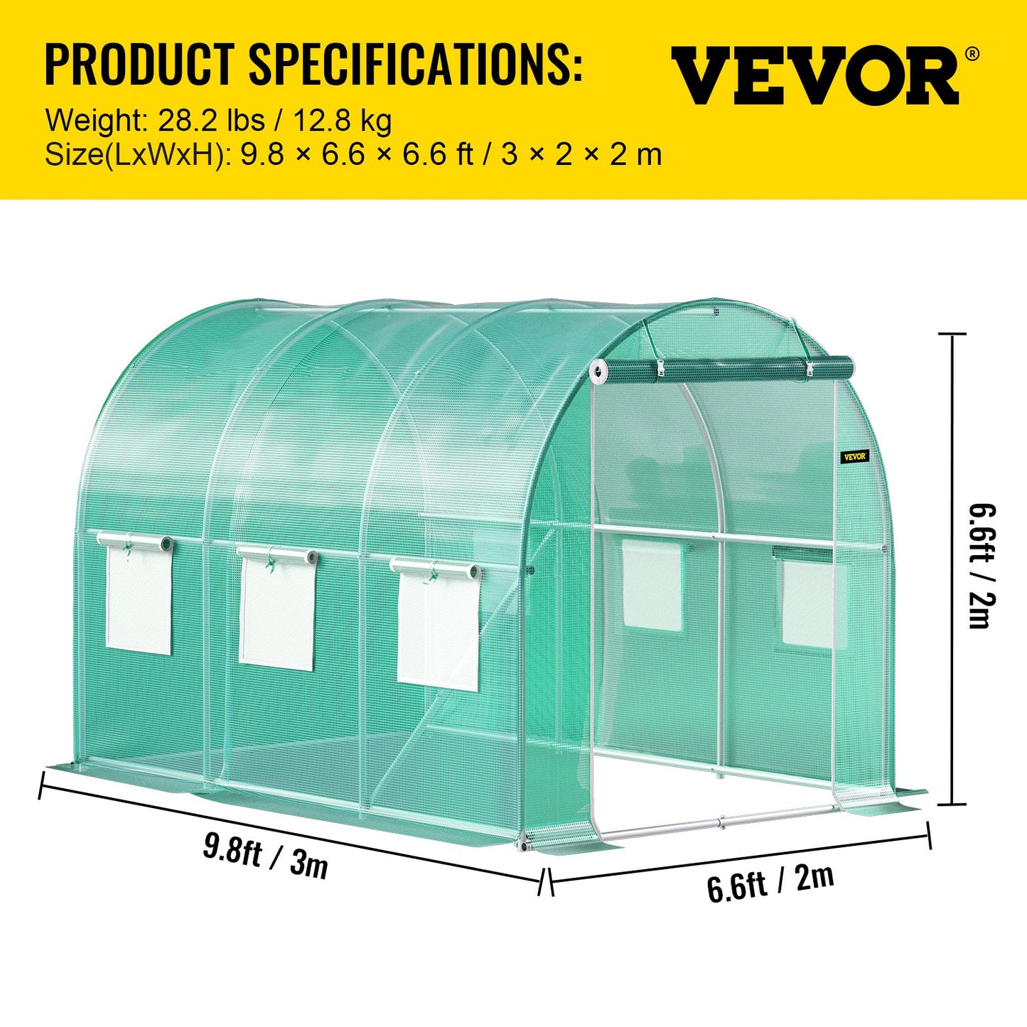 Walk-in Tunnel Greenhouse, 9.8 x 6.6 x 6.6 ft Portable Plant Hot House with Galvanized Steel Hoops, 1 Top Beam, Diagonal Poles, Zippered Door & 6 Roll-up Windows, Green