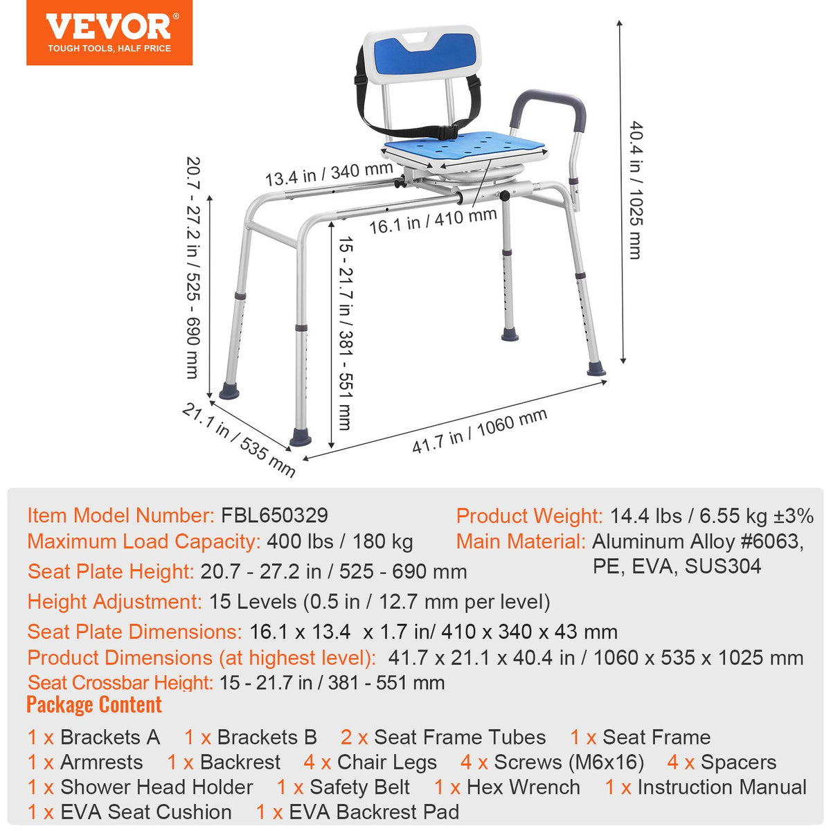 Sliding Tub Transfer Bench with 360 Degree Swivel Seat, Height Adjustable Bathtub Transfer Bench with Armrest & Safety Belt, Non-Slip Rotating Shower Chair for Elderly Disabled, 400LBS Capacity