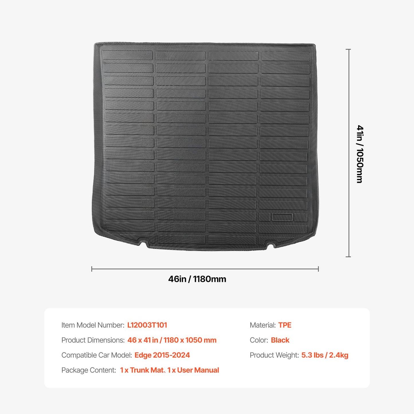 Cargo Mat Compatible with Ford Edge 2015-2024 & Ford Edge ST 2020-2024, Precise Fit Trunk Mat for SUVs, TPE Trunk Protector Replacement, Black (1PCS)