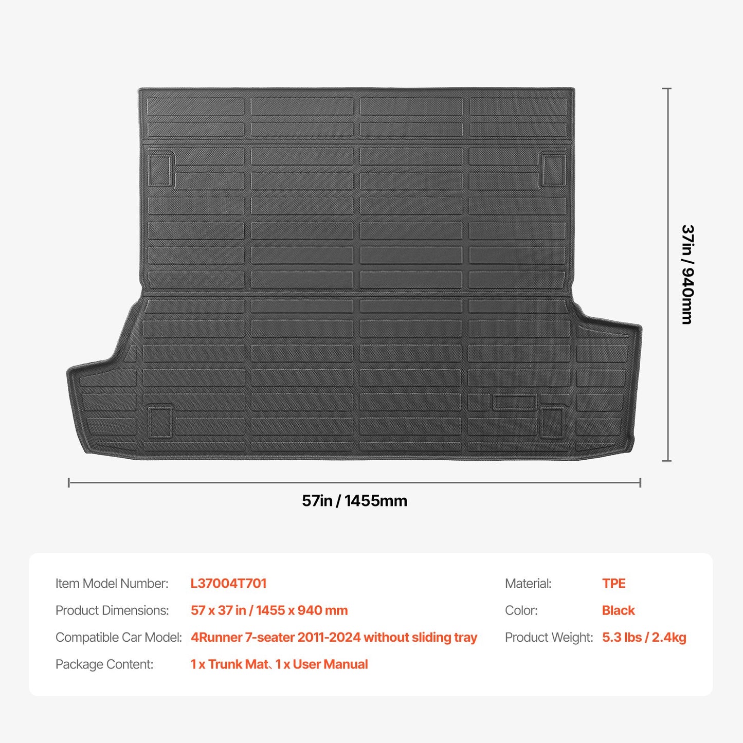 Cargo Mat Compatible with Toyota 4Runner 7 Seater 2010-2024 without Sliding Tray, Precise Fit Trunk Mat for SUVs, TPE Trunk Protector Replacement, Black (1PCS)