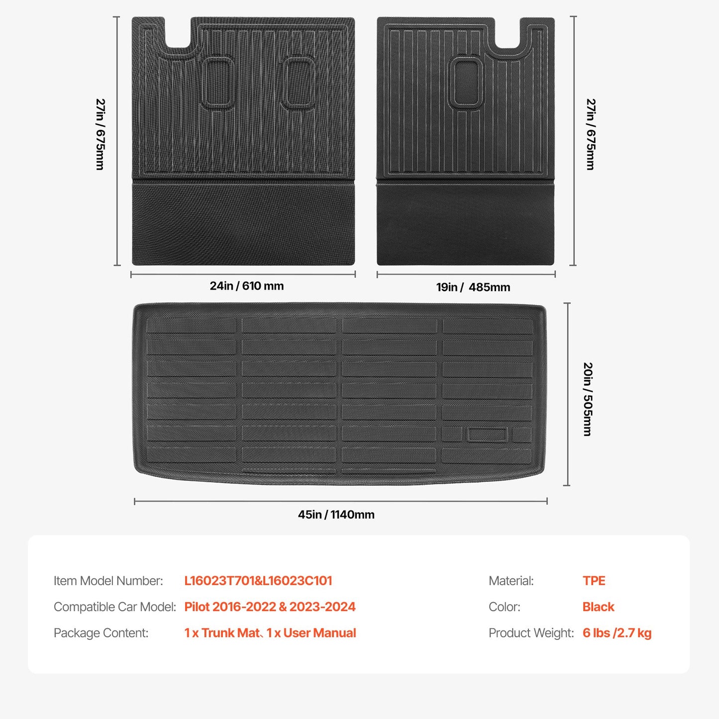 Cargo Mats Compatible with 2016-2022 & 2023-2024 Honda Pilot, Custom Fit TPE Cargo Liner Set for SUVs, Trunk and Back Seat Protector Replacement, Black, Trunk Mat and Backrest Mats
