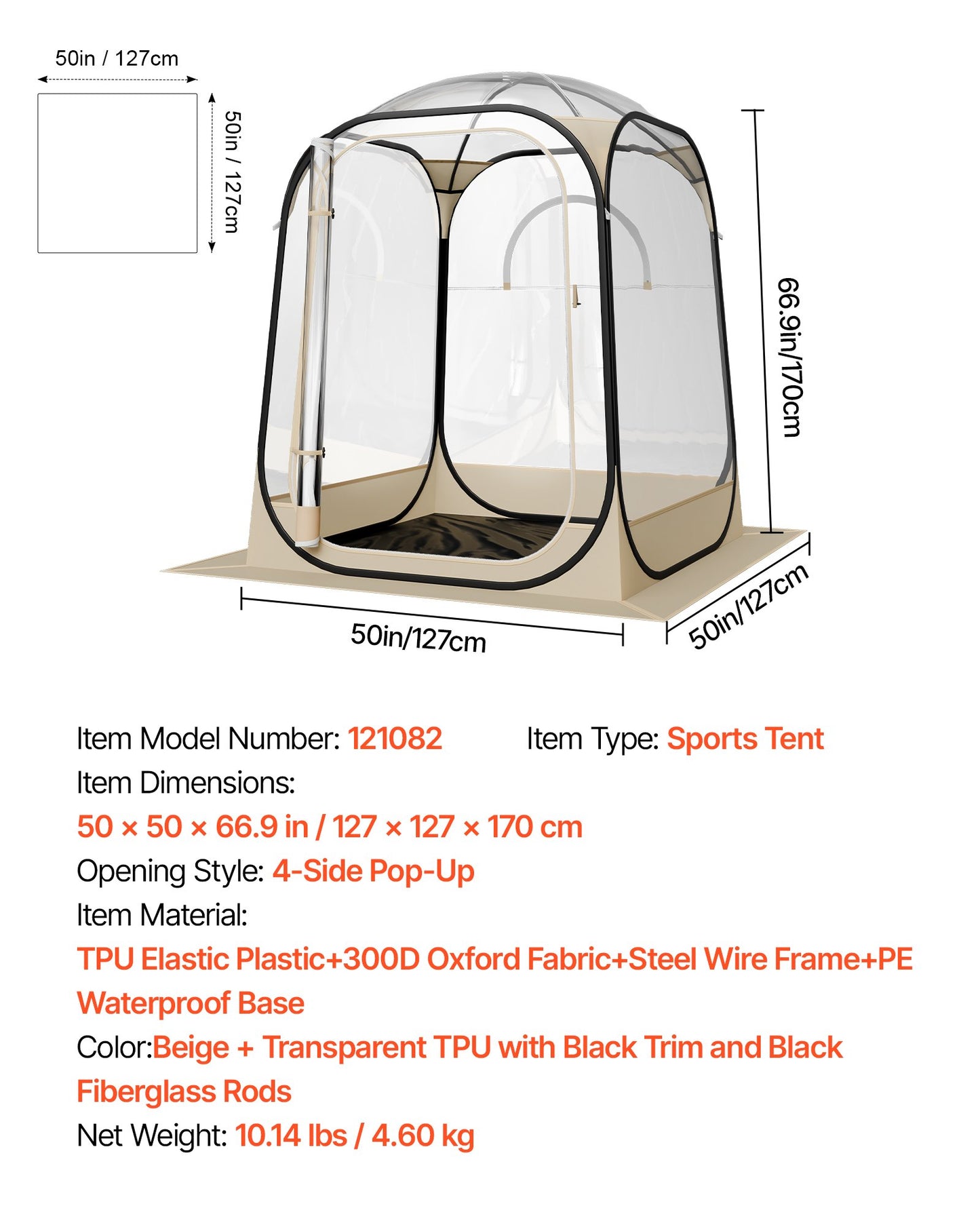 Pop up Sports Tent, 50x50 in Clear Bubble Tent for 1 Person, Waterproof Outdoor Pod with Floor Mat & Top Cover, Garden Igloo Dome Tents Camping Shelter for Events Fishing Cheering