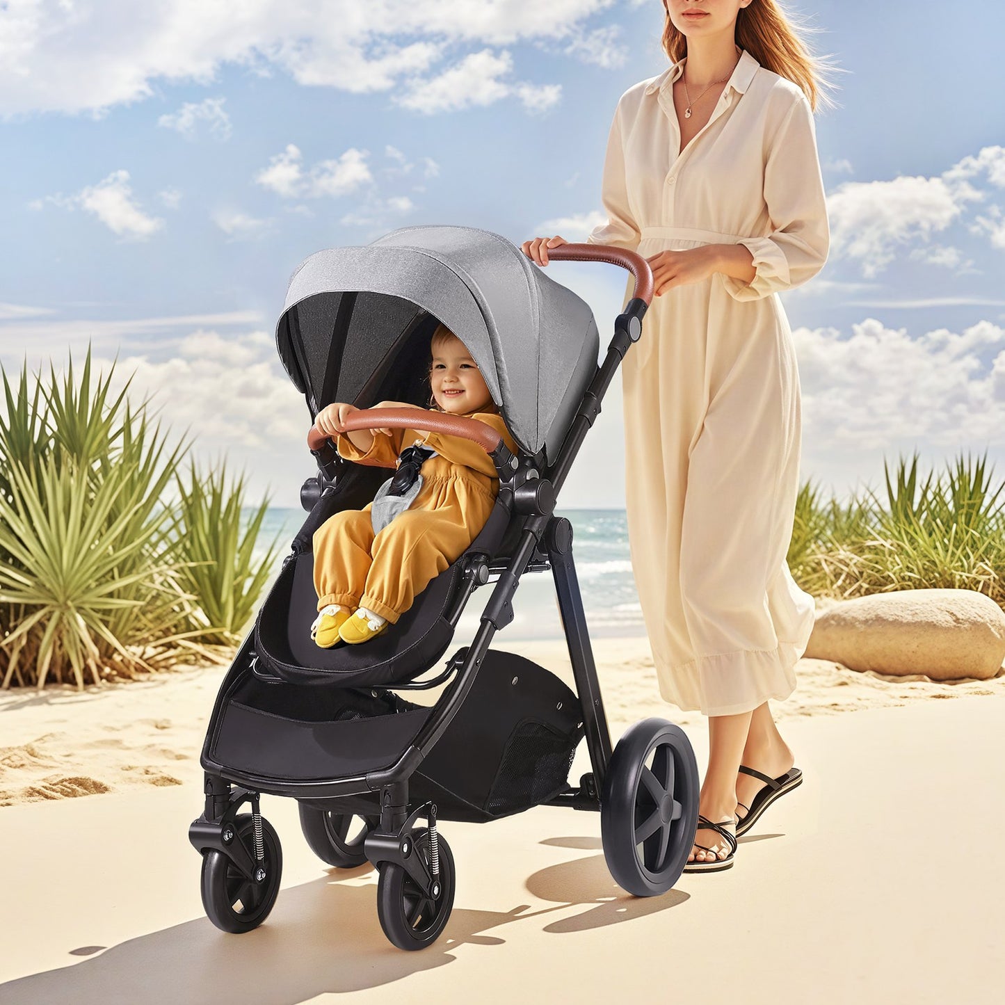 Travel System Stroller with Infant Bassinet, 2-in-1 Baby Cradle Stroller Combo, Reversible Seat, Easy One-button Folding, EVA Tires with Brake Aluminum Stroller Carseat Combo Set (Dark Gray)