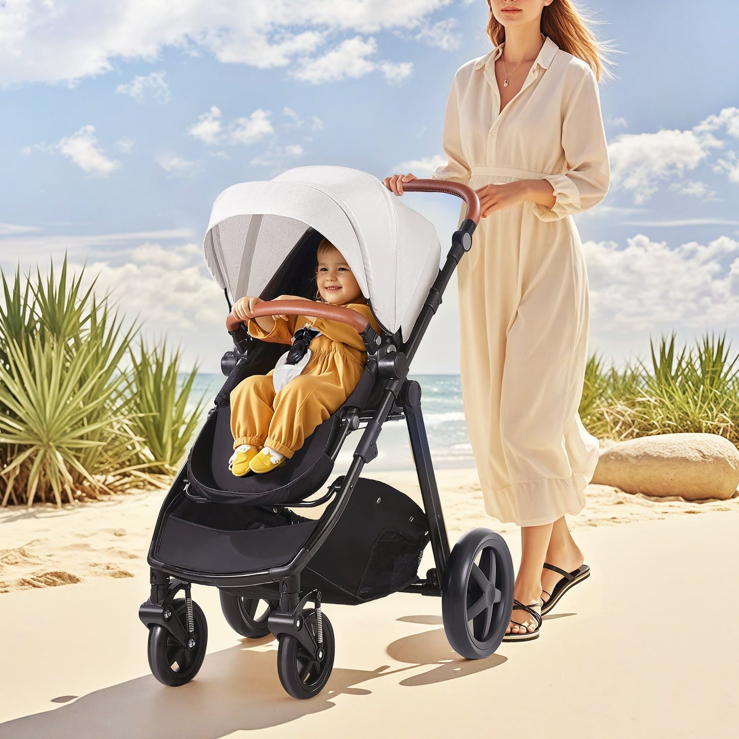 Travel System Stroller with Infant Bassinet, 2-in-1 Baby Cradle Stroller Combo, Reversible Seat, Easy One-button Folding, EVA Tires with Brake Aluminum Stroller Carseat Combo Set (White)