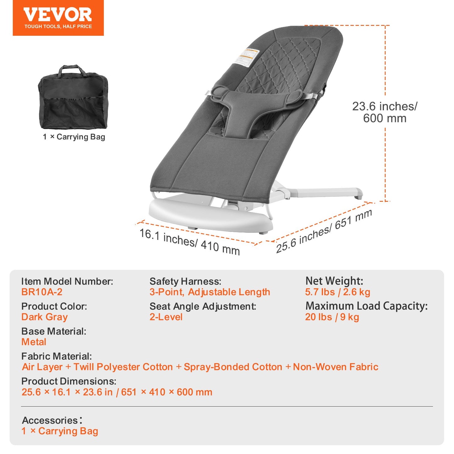Baby Bouncer, Folding Bouncer Seat for Babies 0-9 Months, Newborn Bouncer Chair with 2 Reclining Angles & 3-Point Harness, Portable Infant Rocker with Carrying Bag for Indoor Outdoor, Dark Gray