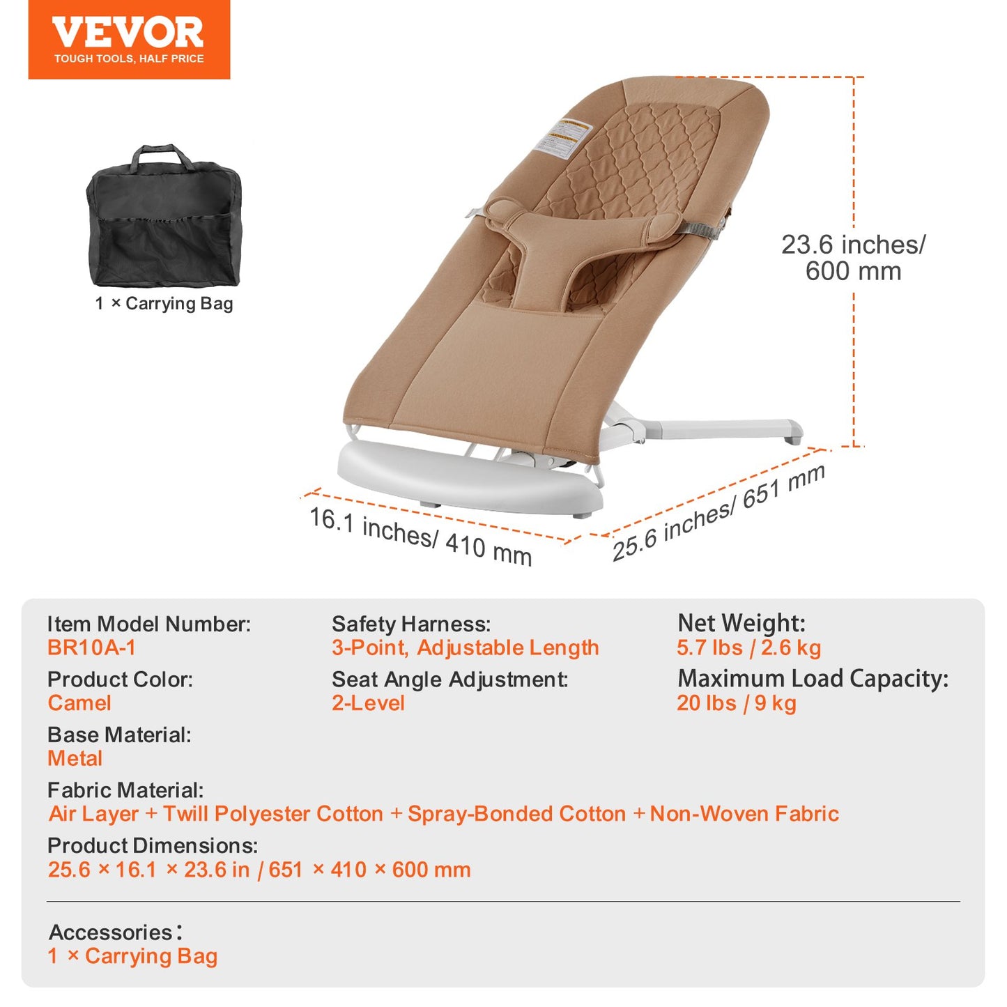 Baby Bouncer, Folding Bouncer Seat for Babies 0-9 Months, Newborn Bouncer Chair with 2 Reclining Angles & 3-Point Harness, Portable Infant Rocker with Carrying Bag for Indoors Outdoors, Camel