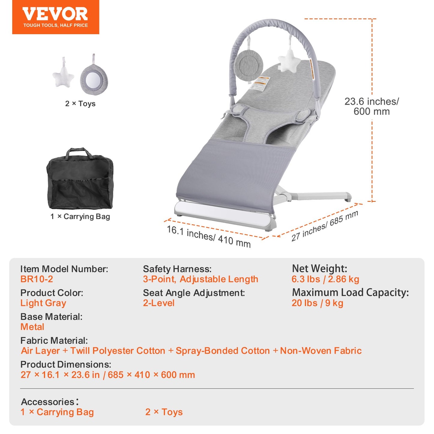 Baby Bouncer, Folding Bouncer Seat for Babies 0-9 Months, Newborn Bouncer Chair with 2 Reclining Angles & Rotatable Toy Bar, Portable Infant Rocker with Travel Bag for Indoor Outdoor, Light Gray