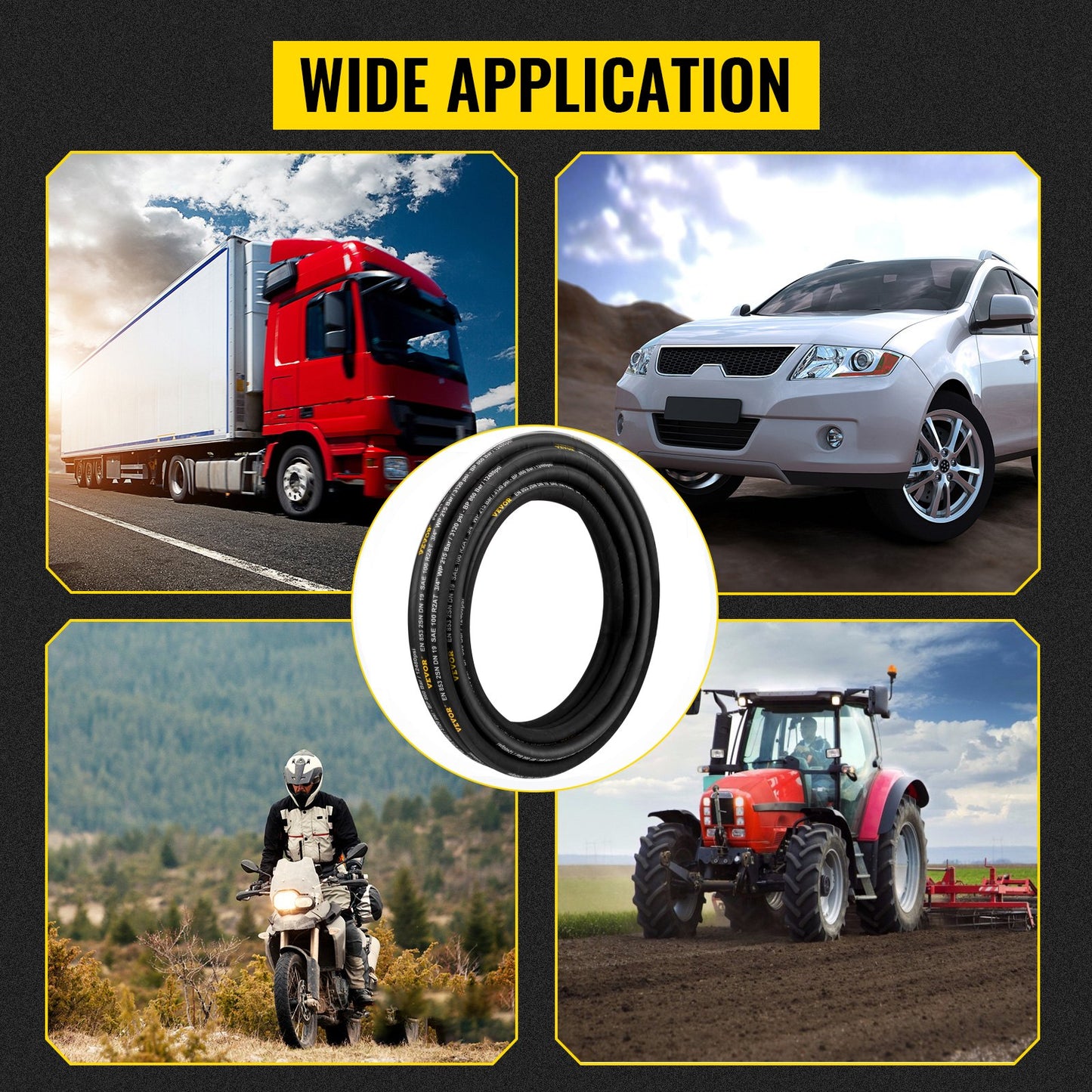 Hydraulic Hose 3/8 inch x 100 ft, Coiled Hydraulic Hose 4800 PSI, Rubber Hydraulic Hose with 2 High-Tensile Steel Wire Braid, Bulk Hydraulic Hose -20°C to 140°C, Hydraulic Oil Flexible Hose