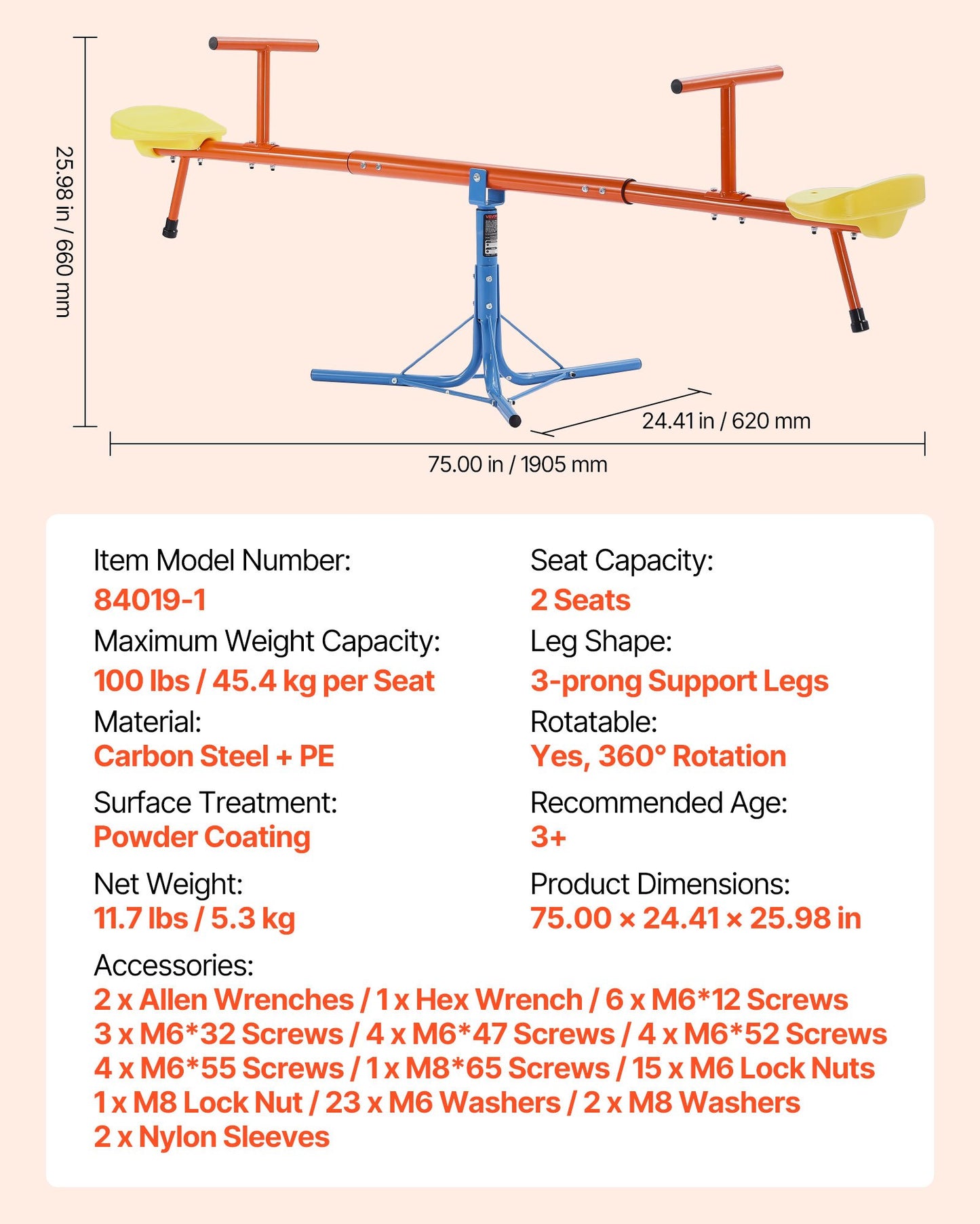 Kids Seesaw, 100 lbs Load Capacity per Seat, Sit and Spin Teeter Totter with 3-prong Support Legs, Kids Outdoor Playground Equipment, Swiveling 360 Degrees Rotating for Children Aged 3+