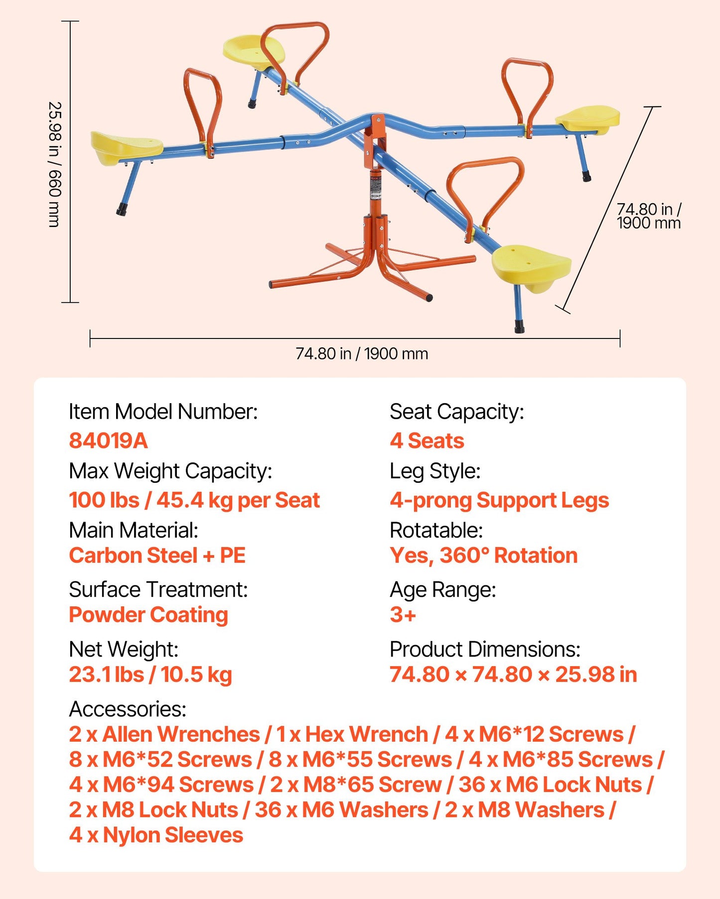 Kids Seesaw, 110 lbs Load Capacity per Seat, Sit and Spin Teeter Totter with 4-prong Support Legs, Kids Outdoor Playground Equipment, Swiveling 360 Degrees Rotating for Children Aged 3+, 4 Seats