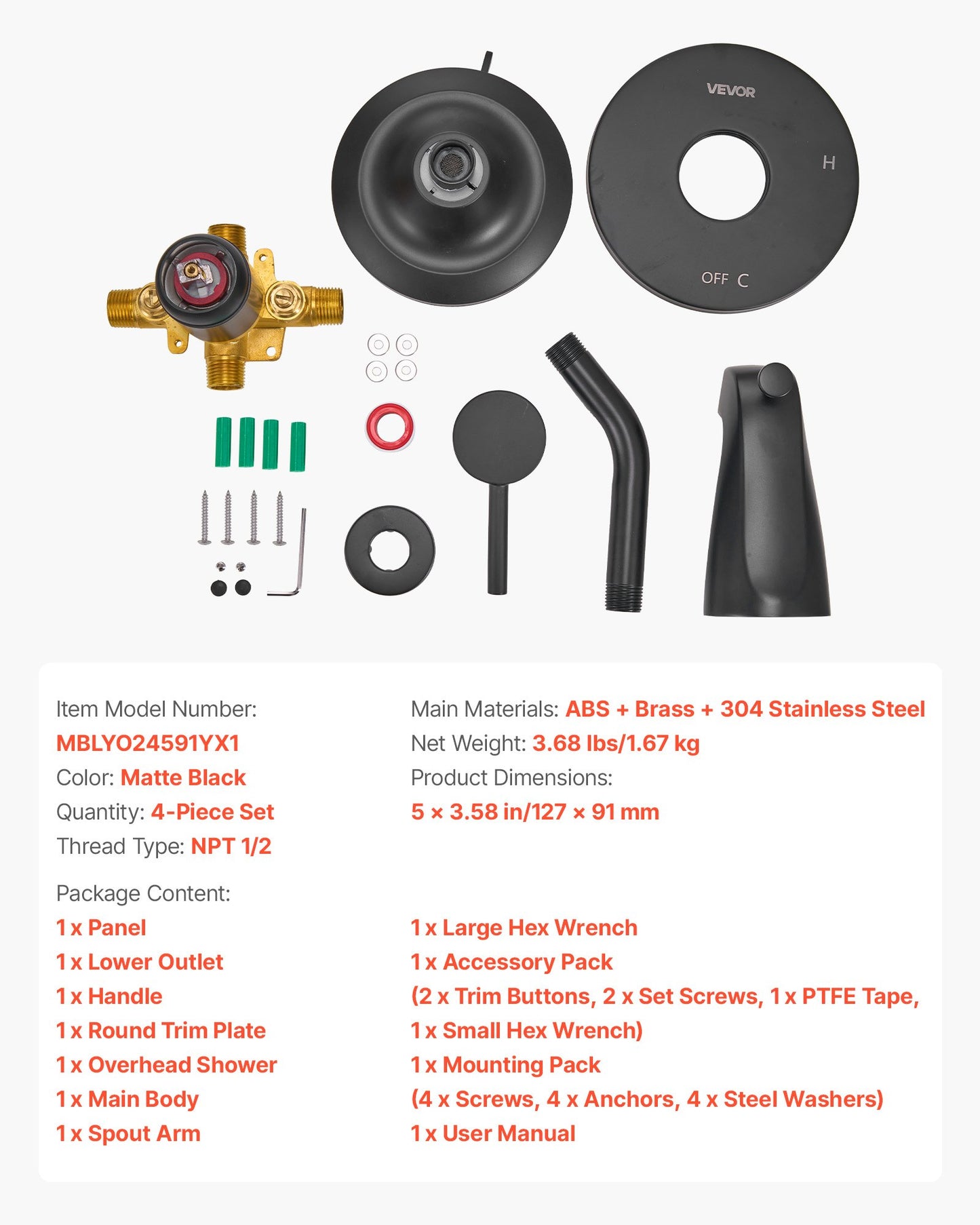 Tub and Shower Faucet Set, Complete with 5-Inch Rainfall Shower Head and Bathtub Spout, 8-Setting Adjustable Spray, Single-Handle Tub Trim Kit with Brass Pressure Balancing Valve, Matte Black