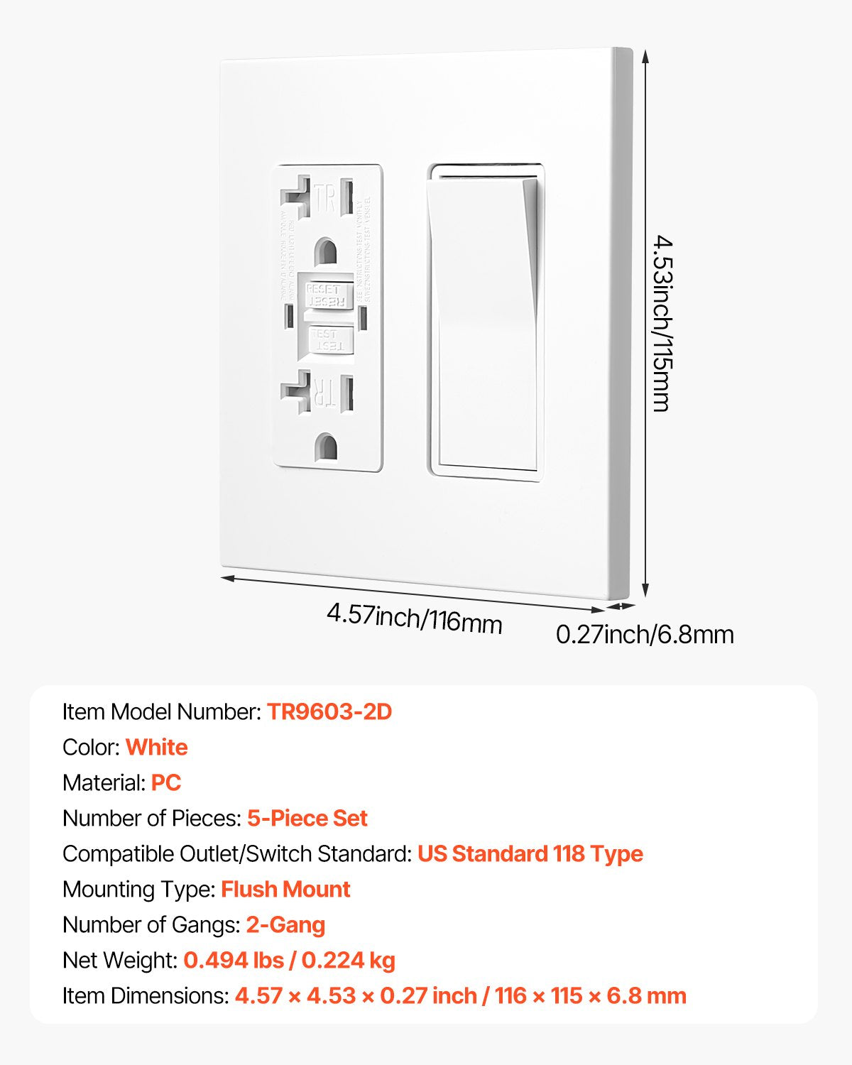 Rocker Light Switch Wall Plates, 2-Gang Decorative Outlet Covers,Standard Size 4.57in L x 4.53in H Unbreakable Polycarbonate Thermoplastic Faceplate for Receptacle Outlet&Switch(5 Pack, White)