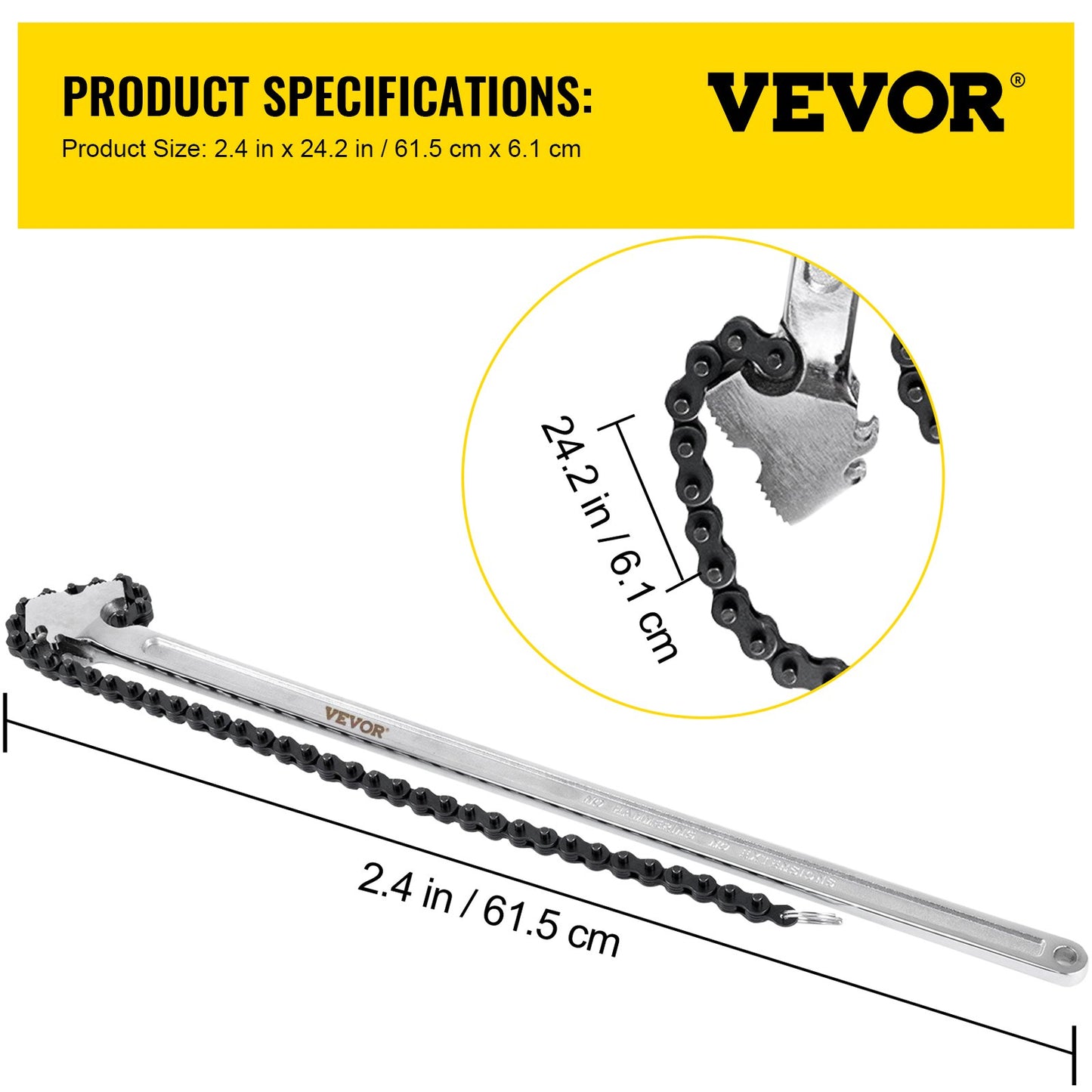 24inch Chain Wrench Carbon Steel Chain Pipe Wrench Heavy Duty 6.7 inch Diameter Capacity Chain Strap Filter Wrench