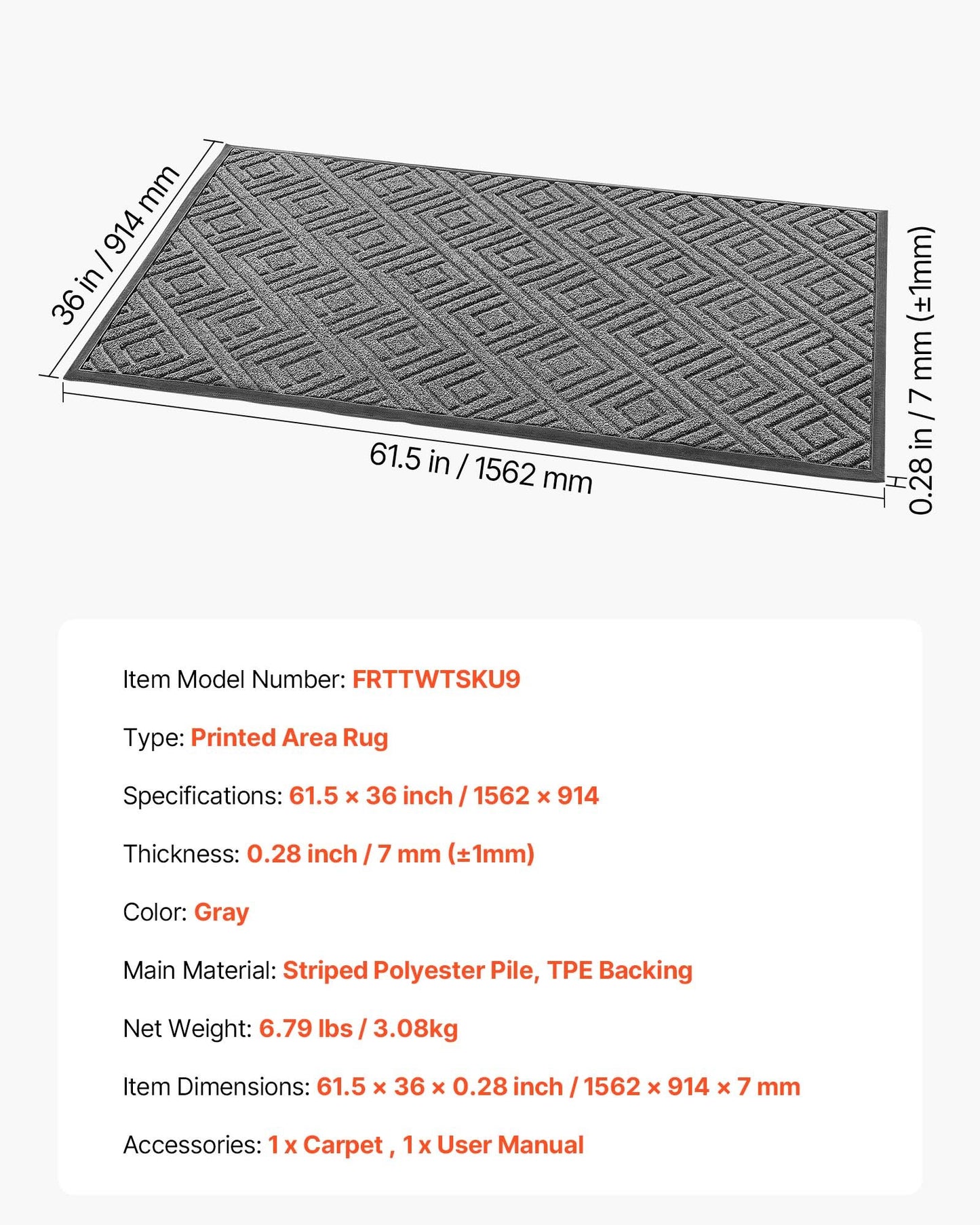 Front Door Mat, 61.5 x 36 in Commercial Floor Mat for Indoor and Outdoor, Modern Stylish Carpet with TPE Backing, Heavy Duty Washable Entry Industrial Rug for Hallway, Balcony, Garage, Grey