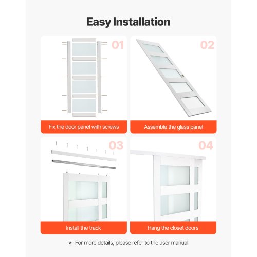 Skjutdörr till garderob, 1219 mm (dubbel 635 mm) x 2032 mm, 5-liters skjutdörrar i frostat glas med beslag, massivt trä och MDF-skiva med vattentät PVC-yta för garderober i sovrum | EU