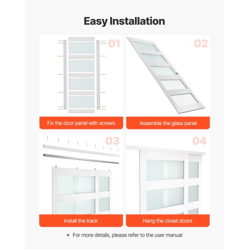 Skjutdörr till garderob, 1524 mm (dubbel 787 mm) x 2032 mm, 5-liters skjutdörrar i frostat glas med beslag, massivt trä och MDF-skiva med vattentät PVC-yta för garderober i sovrum | EU