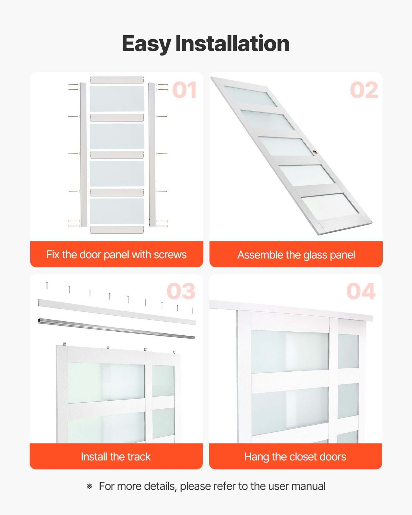 Sliding Closet Door, 60" (Double 31") x 80", 5-Lite Frosted Glass Bypass Sliding Doors with Hardware Kit & Floor Guide, Solid Wood & MDF Slab with Water-Proof PVC Surface for Closets Bedrooms