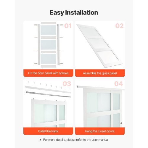 Skjutdörr till garderob, 1829 mm (dubbel 940 mm) x 2032 mm, 3-liters skjutdörrar i frostat glas med beslag, massivt trä och MDF-skiva med vattentät PVC-yta för garderober i sovrum | EU