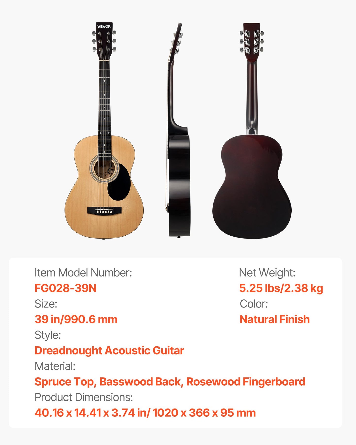 Dreadnought Acoustic Guitar, 39 in, 6-String Natural Solid Spruce Top Guitar, Portable Bundle with Gig Bag, Tuner, Strap, Steel Strings, Picks, Capo, Rosewood Fingerboard, for Beginner Adults