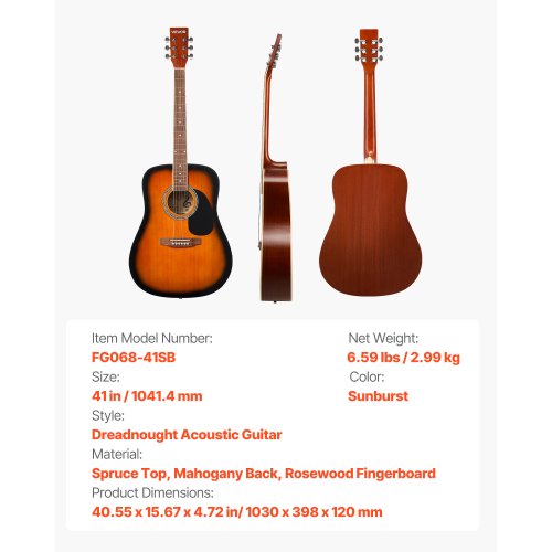 41-Zoll-Dreadnought-Akustikgitarre, Anfänger-Set, Gigbag, für Erwachsene, Sunburst