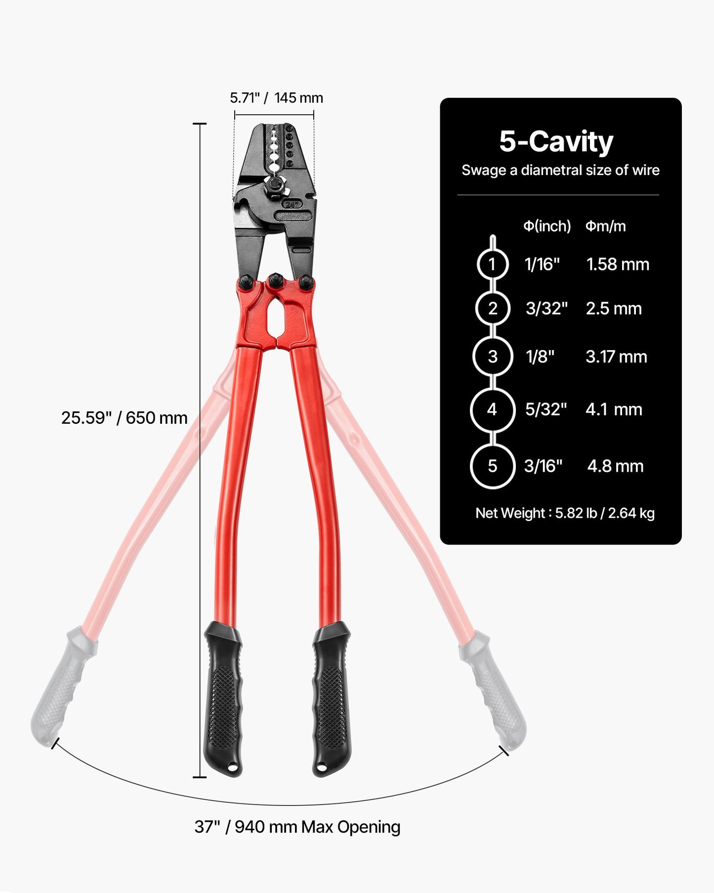 24" Hand Swager Cable Wire Rope Cutter Swage 1/16" 3/32" 1/8" 5/32" 3/16" Aluminum Sleeves Copper
