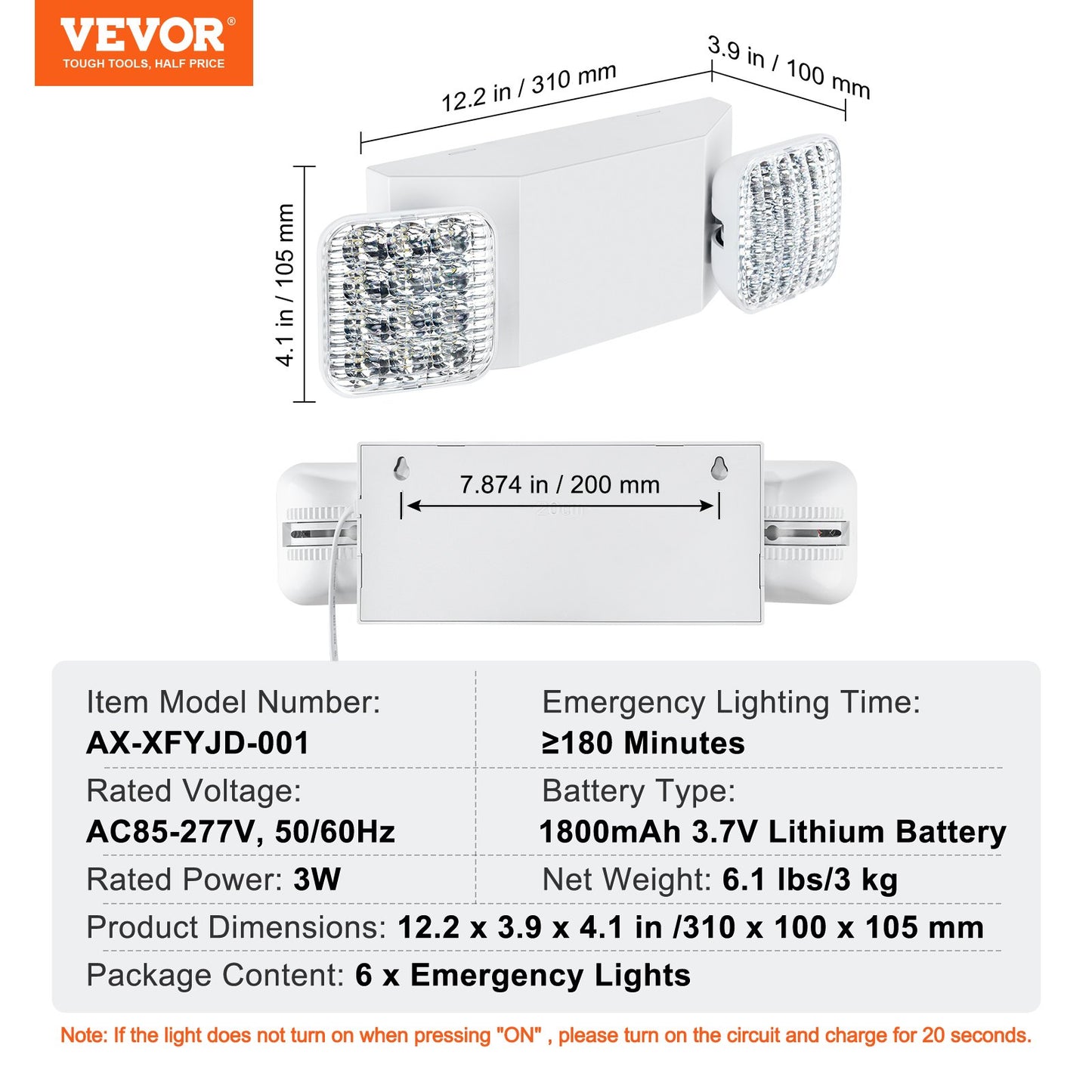 6 Pack Commercial Emergency Light, 3W, White LED Emergency Exit Lighting Fixtures with 180 Minutes Backup Battery Adjustable 2 LED Square Head, Ceiling or Wall Mount for Business Power Outages
