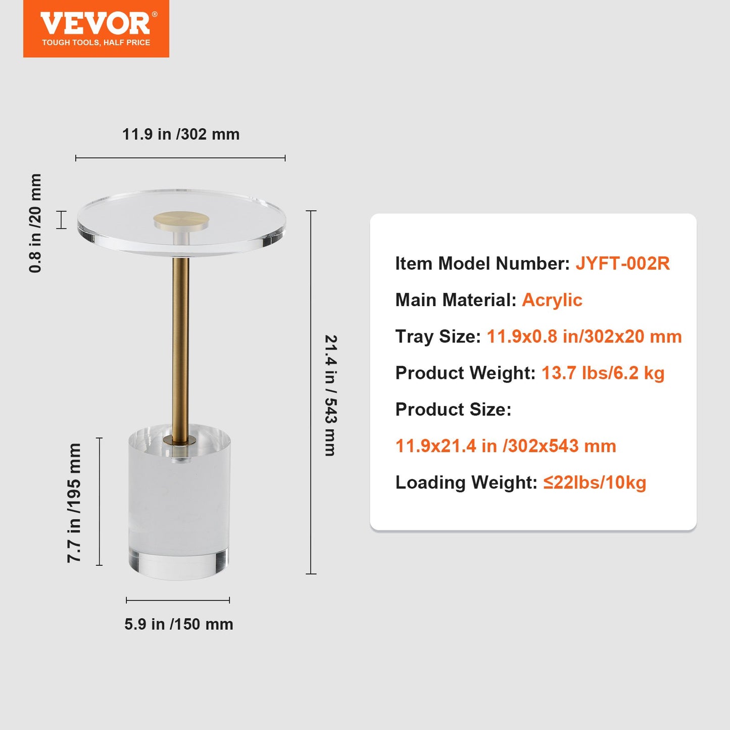 Clear Acrylic End Table, Acrylic Side Table with a Solid Base, 11.9 x 11.9 inch Round Tabletop, 21.4 inch High, for Coffee, Drink, Food, Snack used in Living Room, Bedroom, and Study