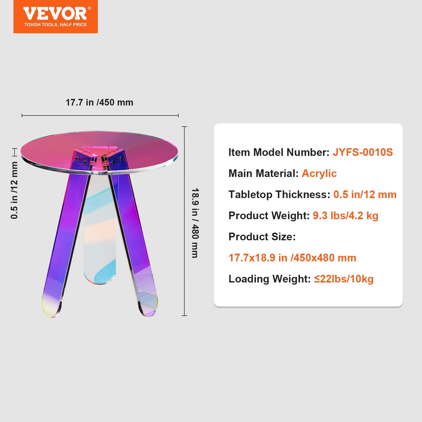 Round Iridescent Side Table, Acrylic End Table, Clear Rainbow Acrylic Coffee Table for Drink, Food, Snack used in Living Room, Bedroom, and Study