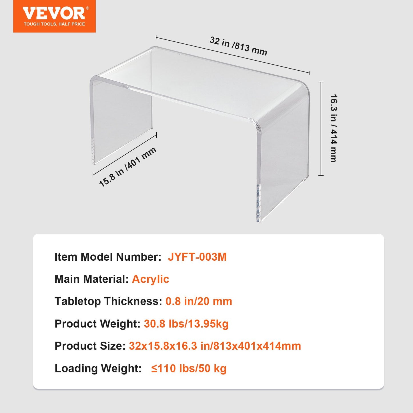 Acrylic Coffee Table, C-Shaped Clear Acrylic End Table, 16.3 inch high Transparent Acrylic Side Table, for Coffee, Drink, Food, Snack used in Living Room, Courtyard, Terrace